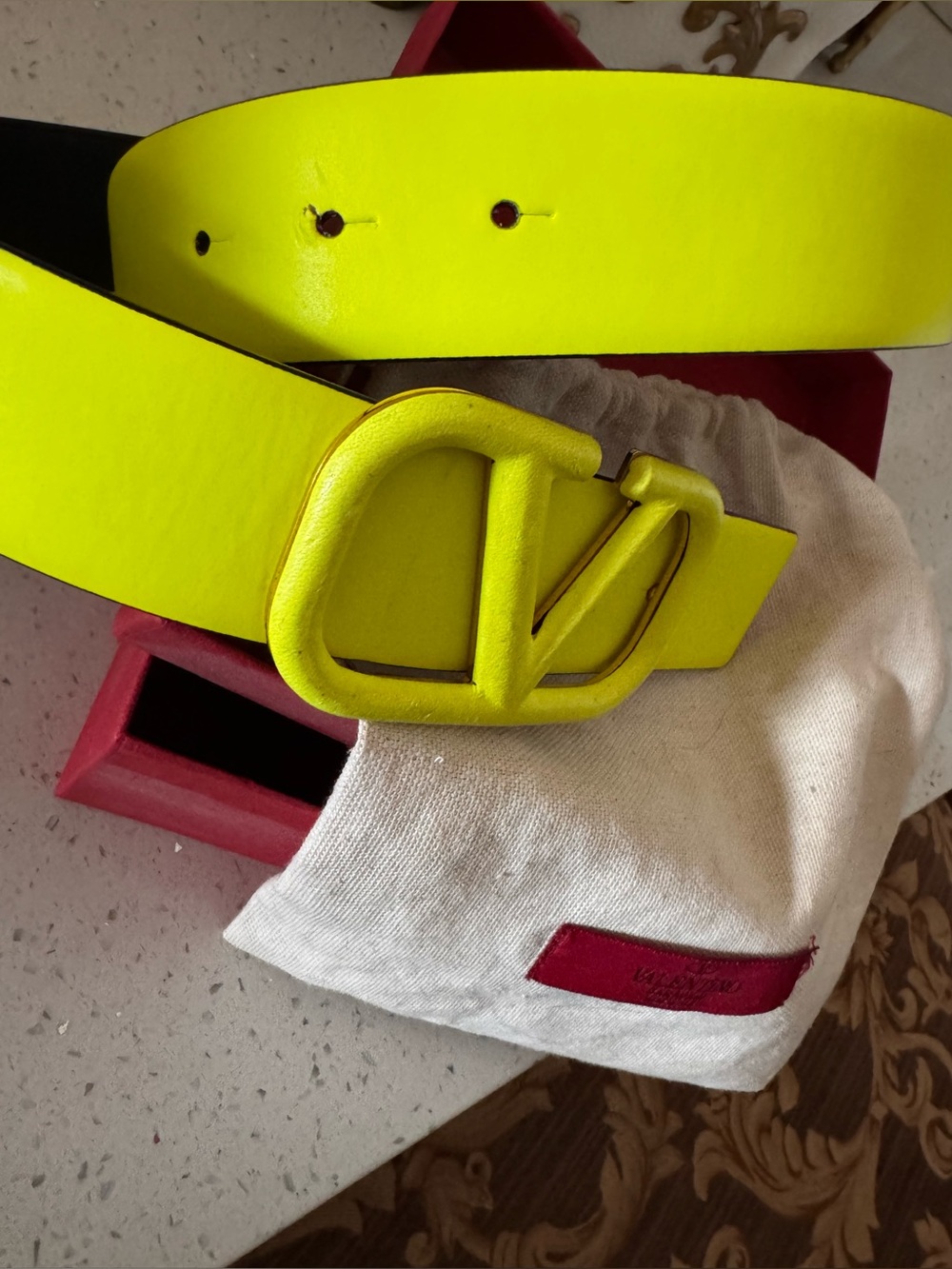 Valentino Garavani Reversible Neon Yellow V Logo Leather Belt Fluo